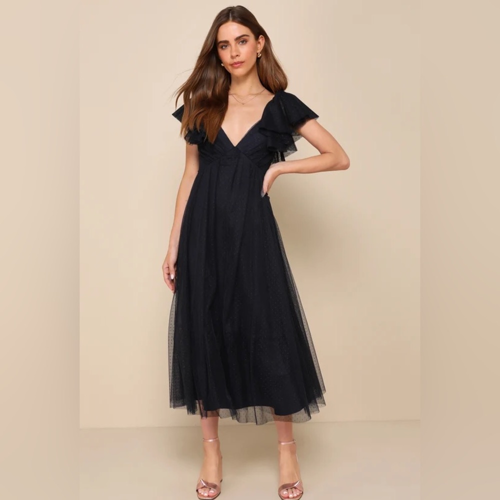 Lulu’s Perfect Invite Midnight Blue Swiss Dot Tie-Back Midi Dress